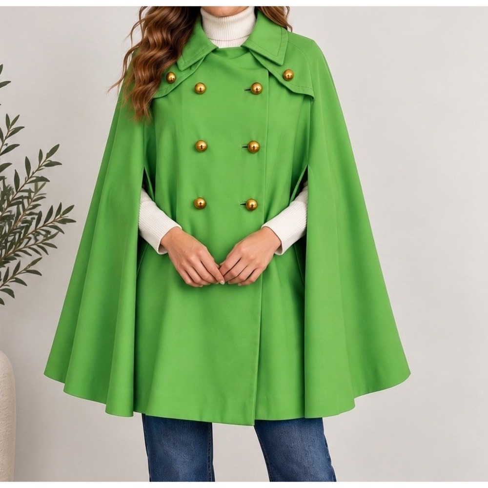 Union Made Womens 60s 70s Vintage Double Breasted Cape Jacket Sz XL Green Gold